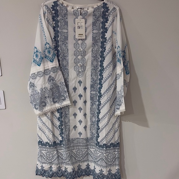 Other - New with tags fancy Pakistani Indian White and Blue Patterned Kurta XL